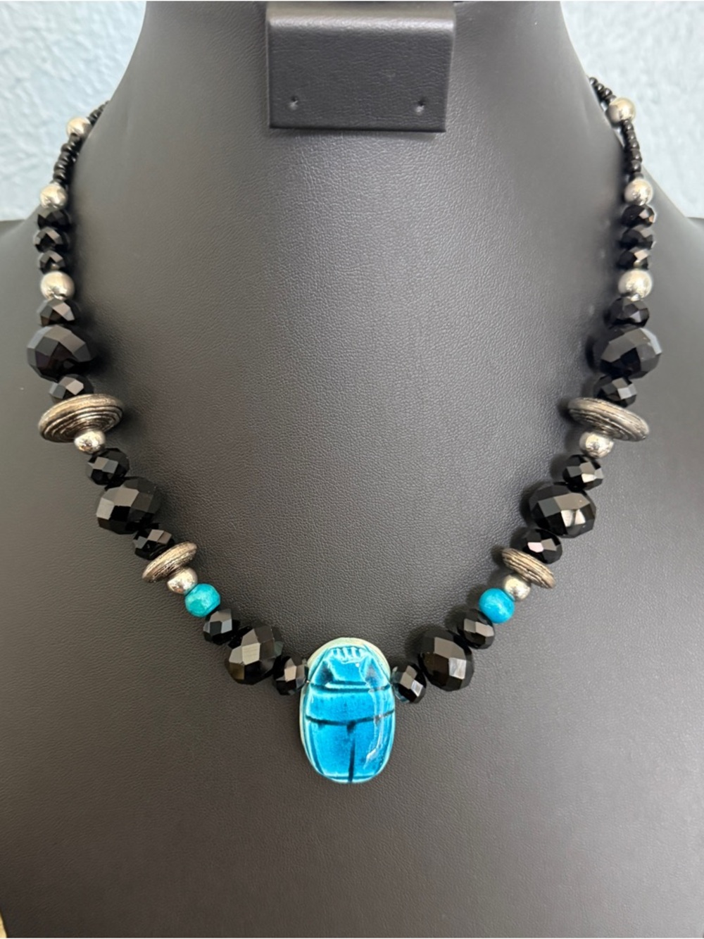 Glazed Ceramic Blue Scarab and Black Crystal Beaded Necklace
